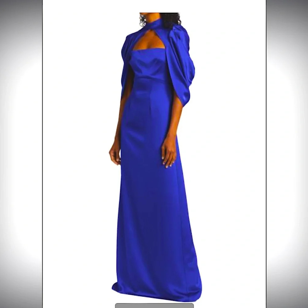 Theia satin blue Carrie 3D floral cape dress rare size 10 800$